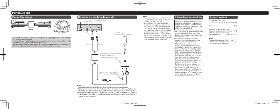 Português (b), Instruções de segurança importantes, Conexão do produto de veículo peças fornecidas | Especificações | Pioneer CD-IV202AV User Manual | Page 8 / 8