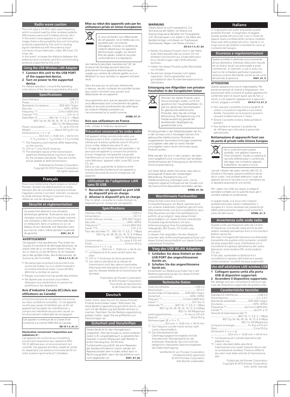 Français, Deutsch, Italiano | Pioneer AS-WL100 User Manual | Page 2 / 4