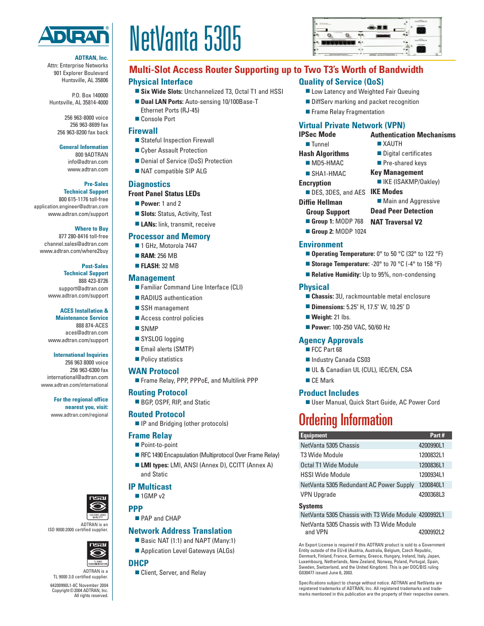 Netvanta 5305, Ordering information, Physical interface | Firewall, Diagnostics, Management, Wan protocol, Routing protocol, Routed protocol, Frame relay | ADTRAN 5305 User Manual | Page 2 / 2