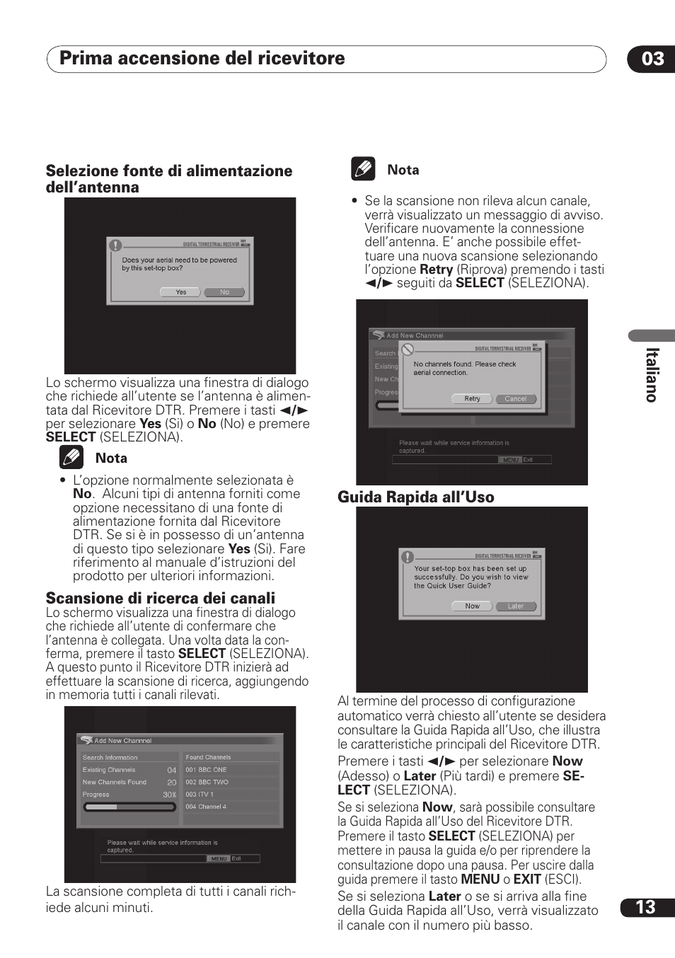 03 prima accensione del ricevitore 13, Ita lia no | Pioneer DBR-TF100 User Manual | Page 101 / 136