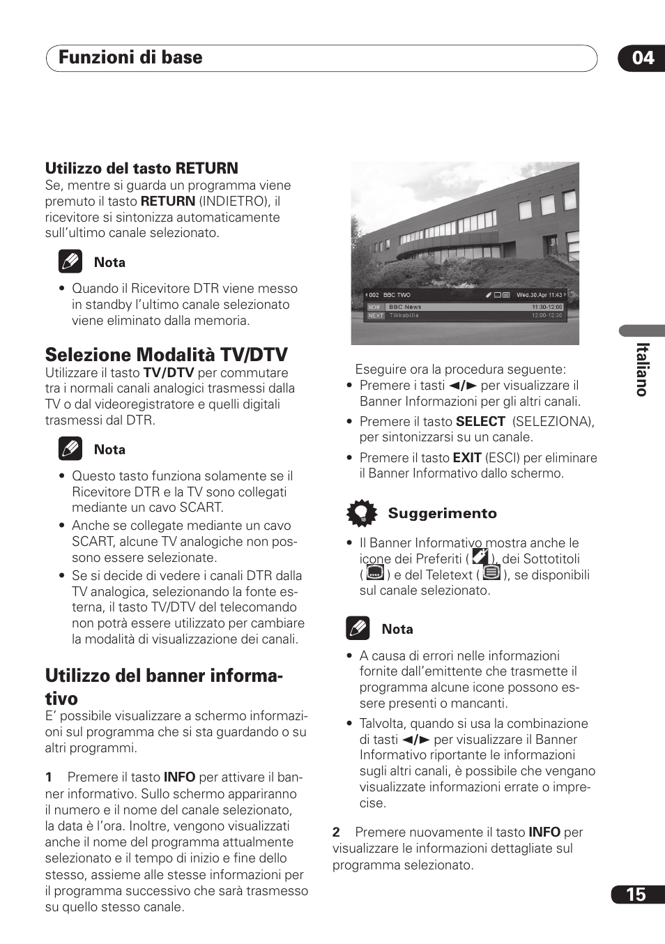 Funzioni di base 15, Selezione modalità tv/dtv, Utilizzo del banner informa- tivo | Ita lia no | Pioneer DBR-TF100 User Manual | Page 103 / 136