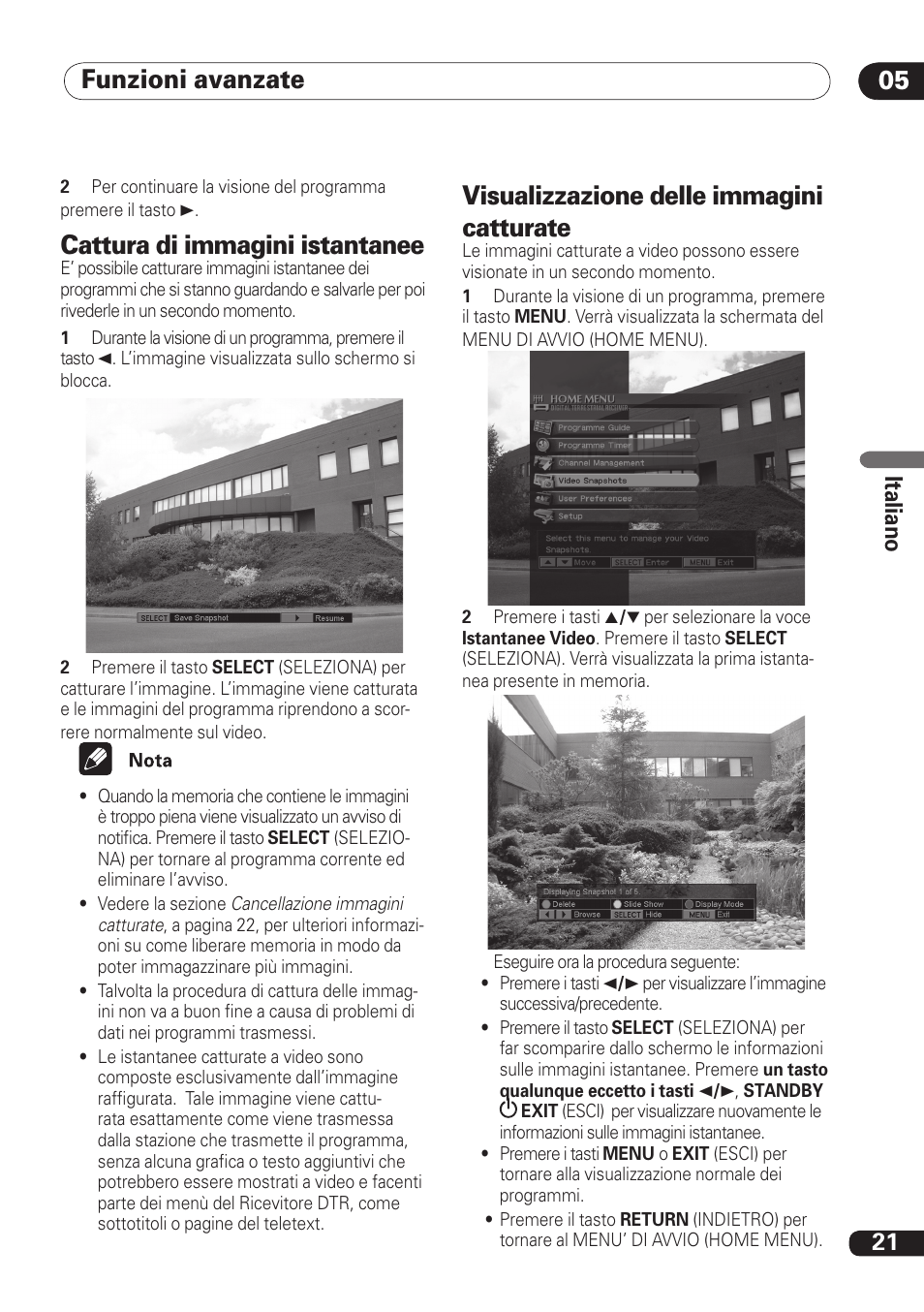 Funzioni avanzate 05 05, Cattura di immagini istantanee, Visualizzazione delle immagini catturate | 21 ita lia no | Pioneer DBR-TF100 User Manual | Page 109 / 136