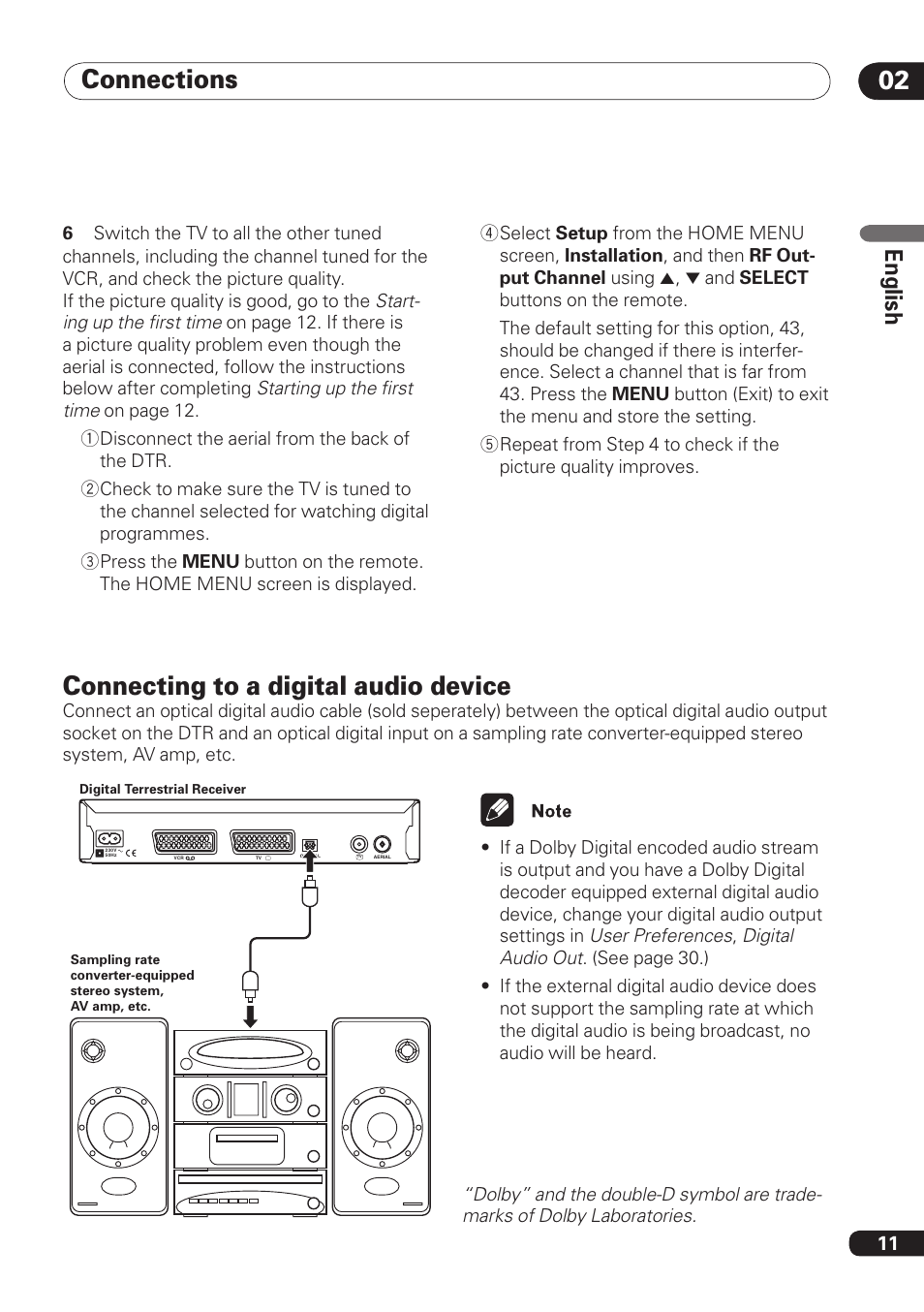 Connections 02, Connecting to a digital audio device, En gli sh | Pioneer DBR-TF100 User Manual | Page 11 / 136