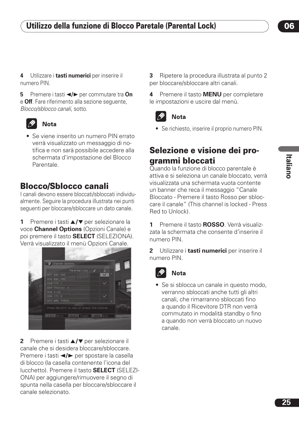 Blocco/sblocco canali, Selezione e visione dei pro- grammi bloccati, 25 ita lia no | Pioneer DBR-TF100 User Manual | Page 113 / 136