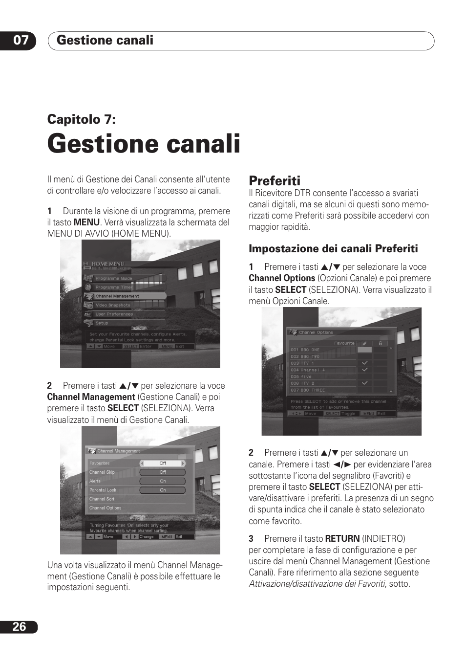 Gestione canali, Gestione canali 07 07, Capitolo 7 | Preferiti | Pioneer DBR-TF100 User Manual | Page 114 / 136