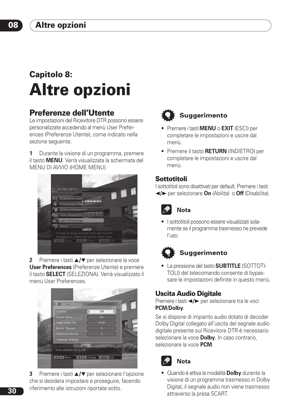 Altre opzioni, Altre opzioni 08 08, Capitolo 8 | Preferenze dell’utente | Pioneer DBR-TF100 User Manual | Page 118 / 136