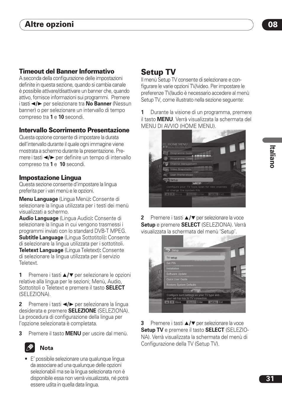 Altre opzioni 08 08, Setup tv, 31 ita lia no | Pioneer DBR-TF100 User Manual | Page 119 / 136