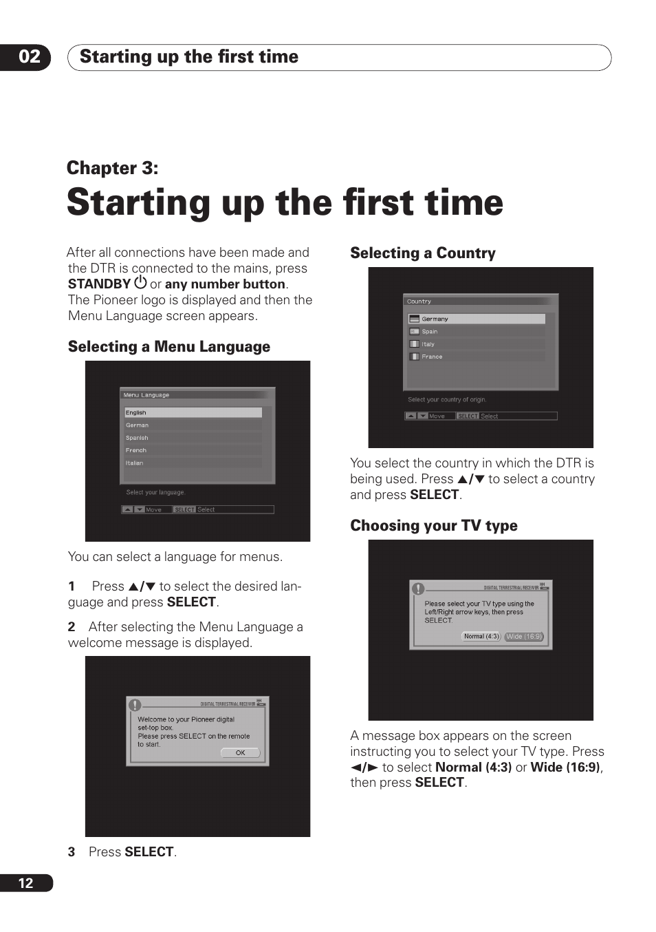 Starting up the ﬁrst time, Starting up the ﬁrst time chapter 3 | Pioneer DBR-TF100 User Manual | Page 12 / 136