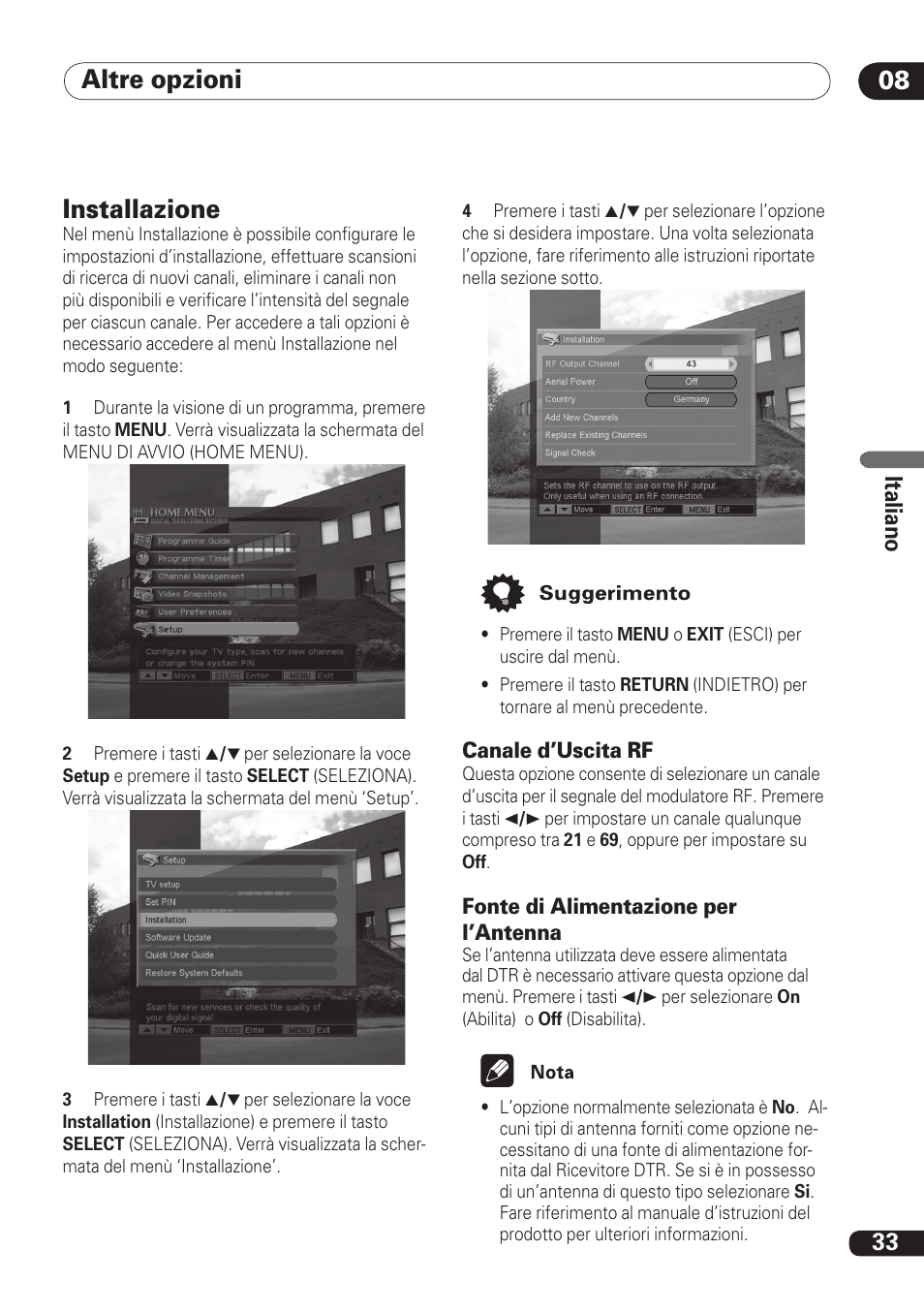 Altre opzioni 08 08, Installazione, 33 ita lia no | Pioneer DBR-TF100 User Manual | Page 121 / 136