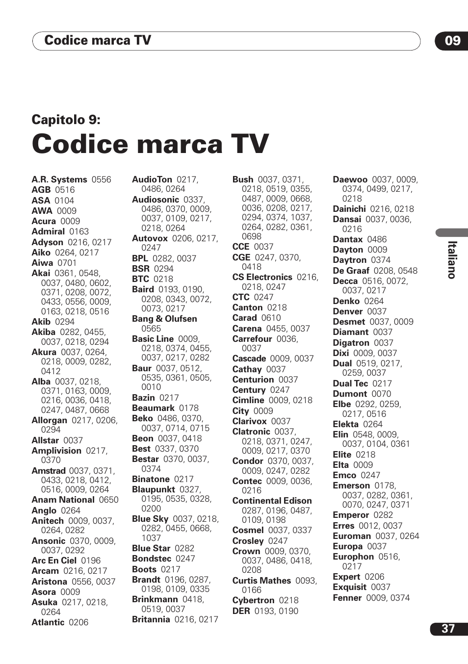 Codice marca tv, Codice marca tv 09, Capitolo 9 | 37 ita lia no | Pioneer DBR-TF100 User Manual | Page 125 / 136