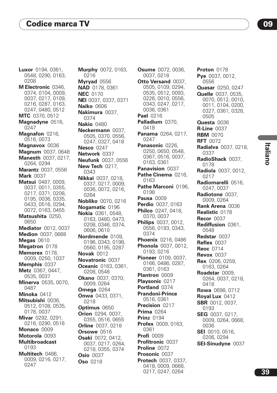 Codice marca tv 09, 39 ita lia no | Pioneer DBR-TF100 User Manual | Page 127 / 136