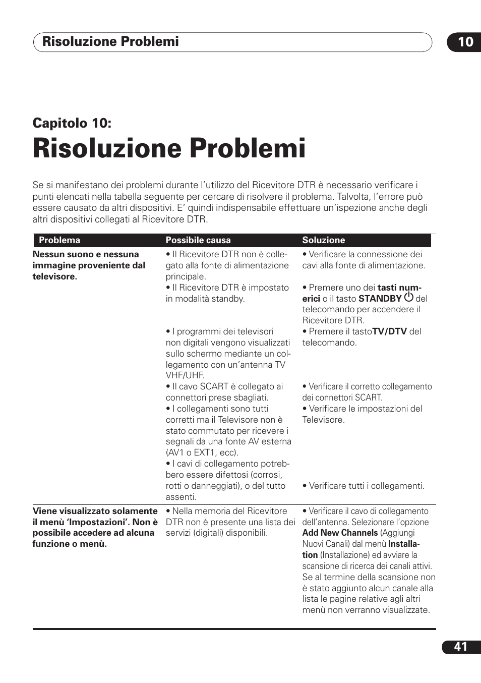 Risoluzione problemi, Risoluzione problemi 10, Capitolo 10 | Pioneer DBR-TF100 User Manual | Page 129 / 136