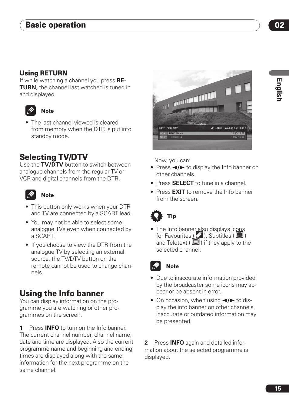 Basic operation, Selecting tv/dtv, Using the info banner | En gli sh | Pioneer DBR-TF100 User Manual | Page 15 / 136