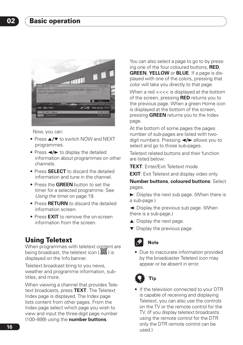 Basic operation, Using teletext | Pioneer DBR-TF100 User Manual | Page 16 / 136