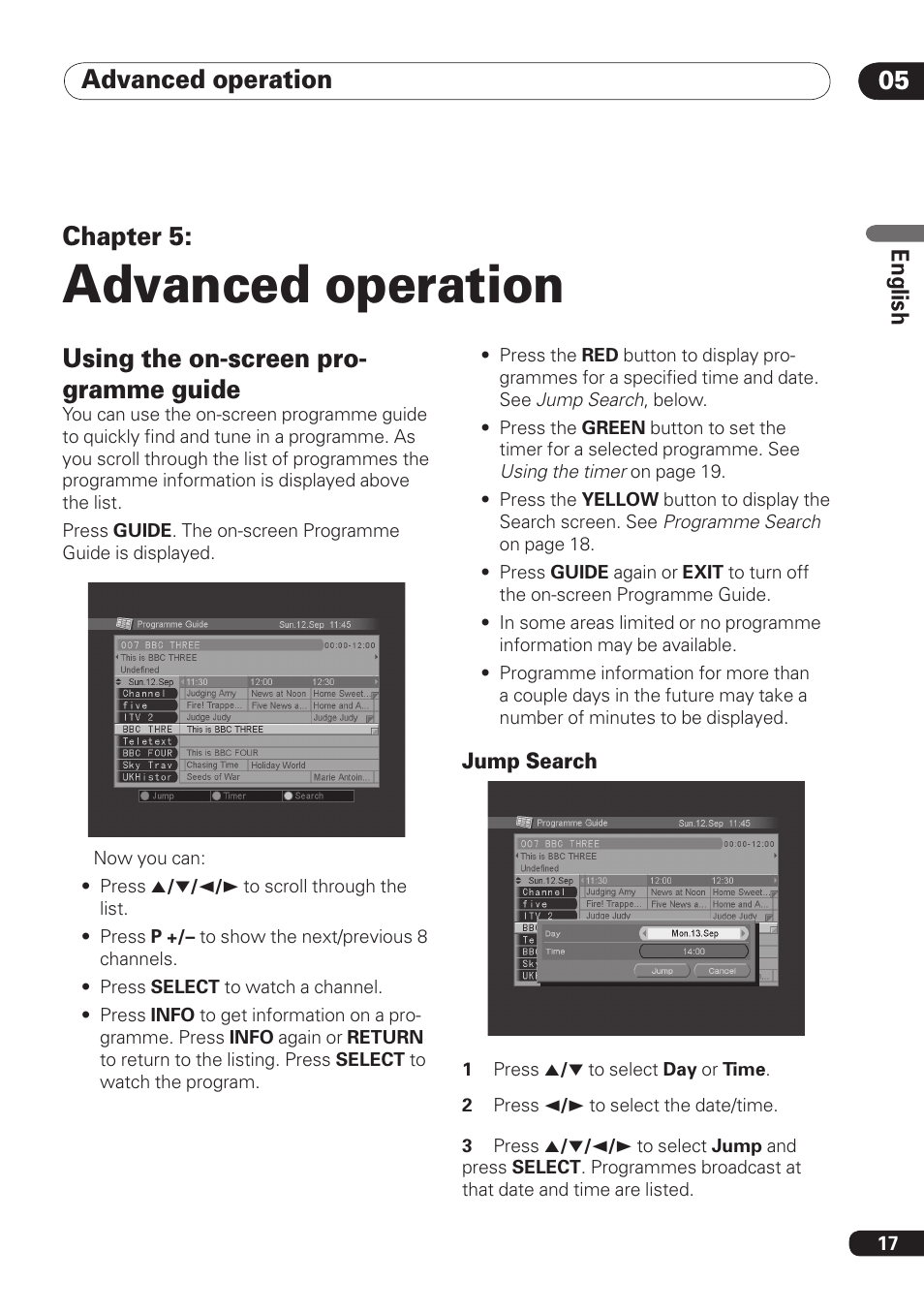 Advanced operation, Advanced operation 05, Chapter 5 | Using the on-screen pro- gramme guide | Pioneer DBR-TF100 User Manual | Page 17 / 136