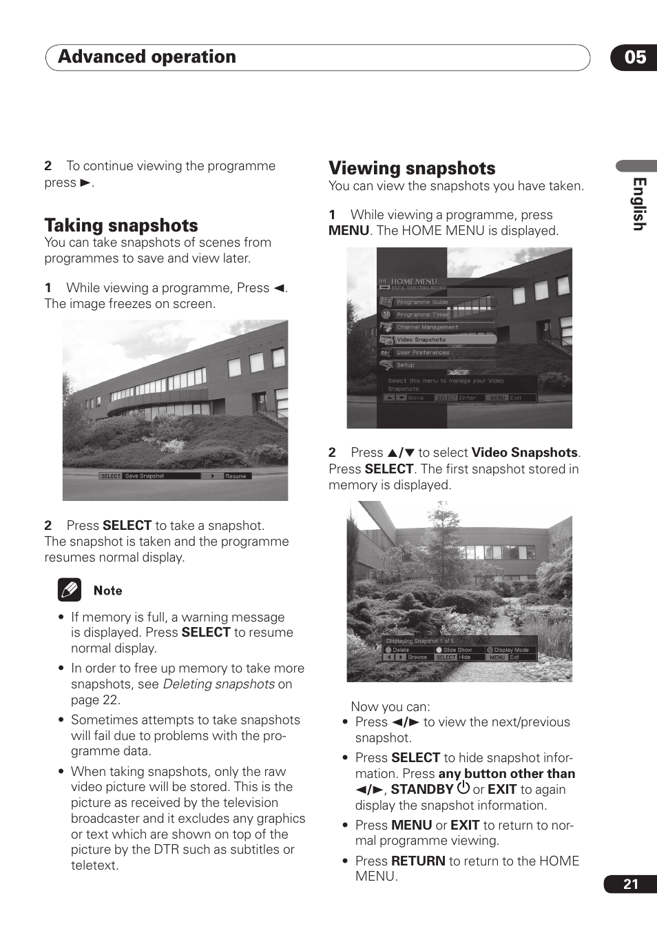 Advanced operation 05, Taking snapshots, Viewing snapshots | En gli sh | Pioneer DBR-TF100 User Manual | Page 21 / 136