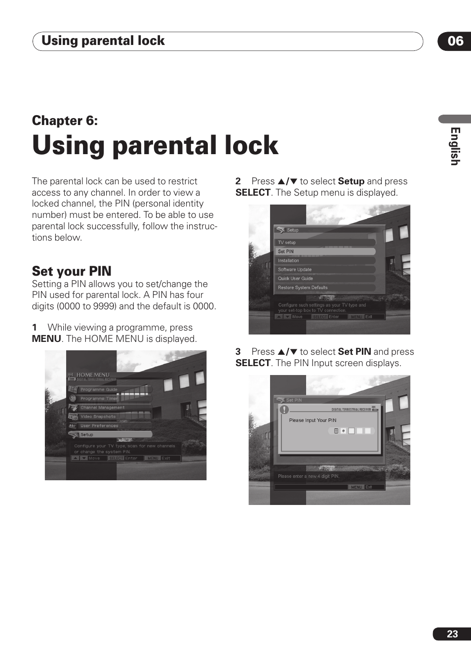 Using parental lock, Using parental lock 06, Chapter 6 | Set your pin | Pioneer DBR-TF100 User Manual | Page 23 / 136