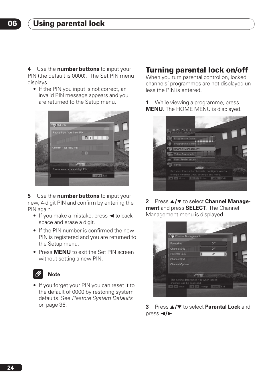 Using parental lock 06, Turning parental lock on/off | Pioneer DBR-TF100 User Manual | Page 24 / 136
