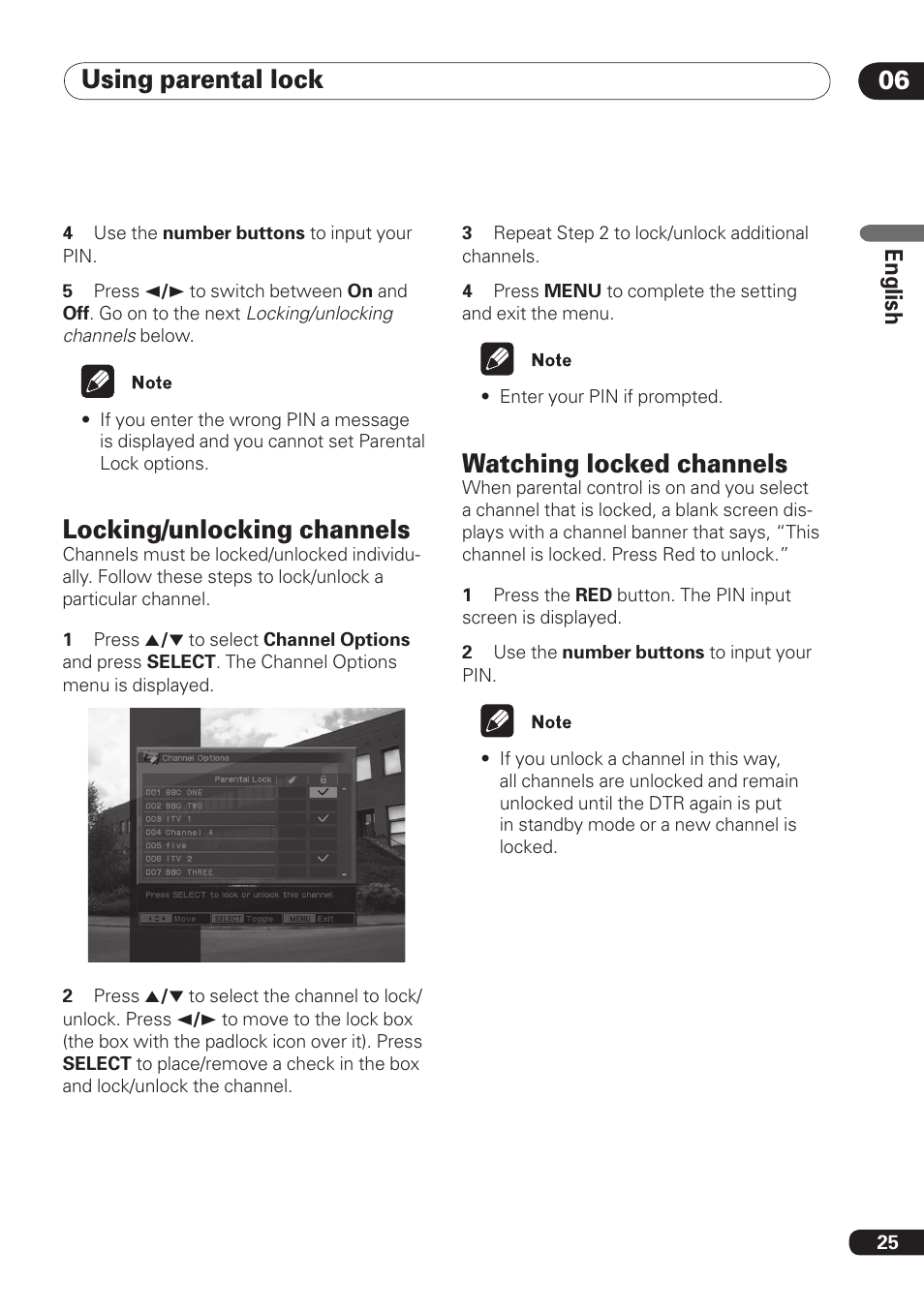 Using parental lock 06, Locking/unlocking channels, Watching locked channels | En gli sh | Pioneer DBR-TF100 User Manual | Page 25 / 136