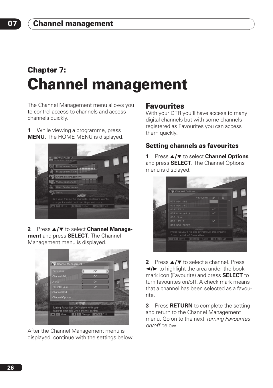 Channel management, Channel management 07, Chapter 7 | Favourites | Pioneer DBR-TF100 User Manual | Page 26 / 136