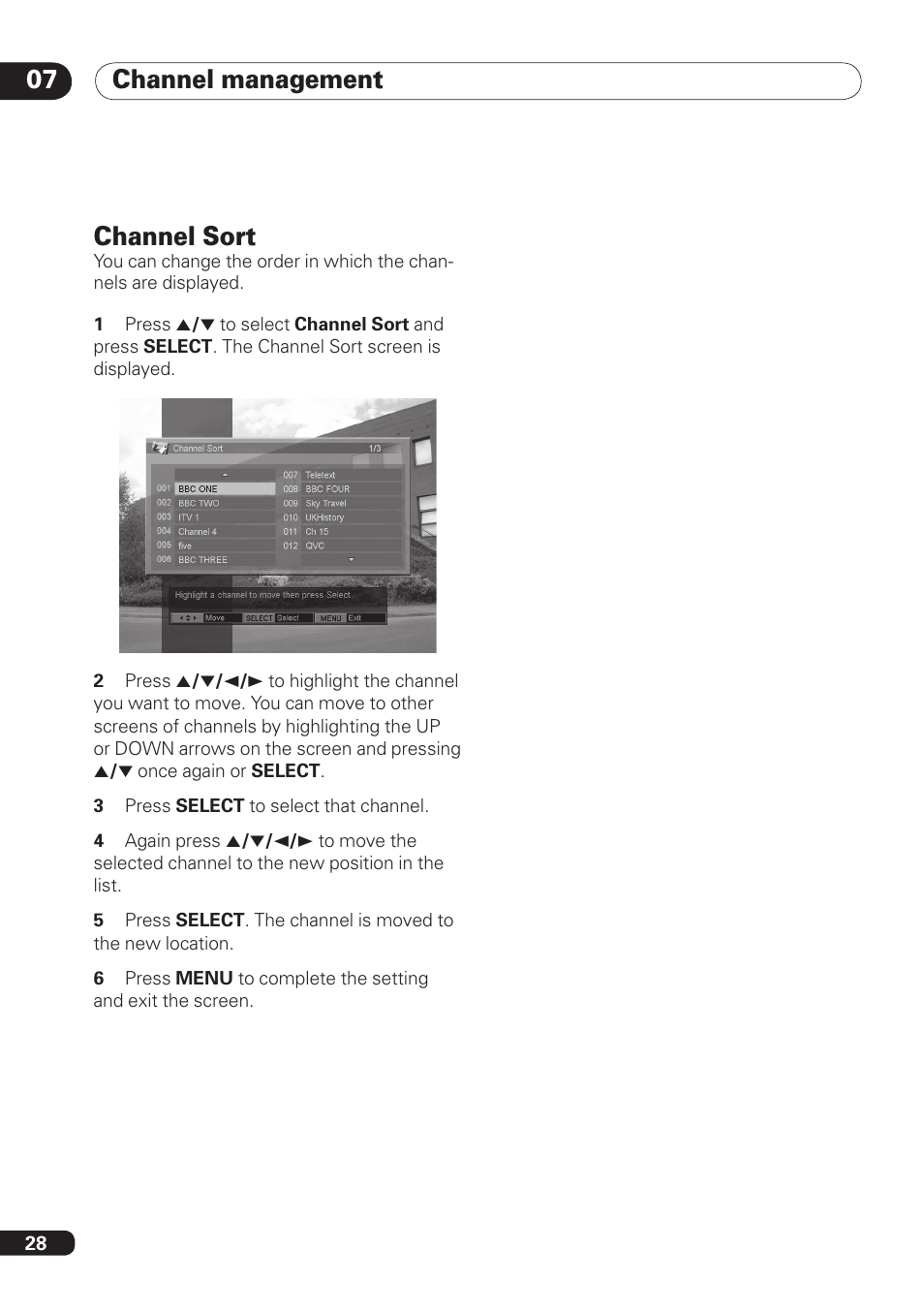 Channel management 07, Channel sort | Pioneer DBR-TF100 User Manual | Page 28 / 136