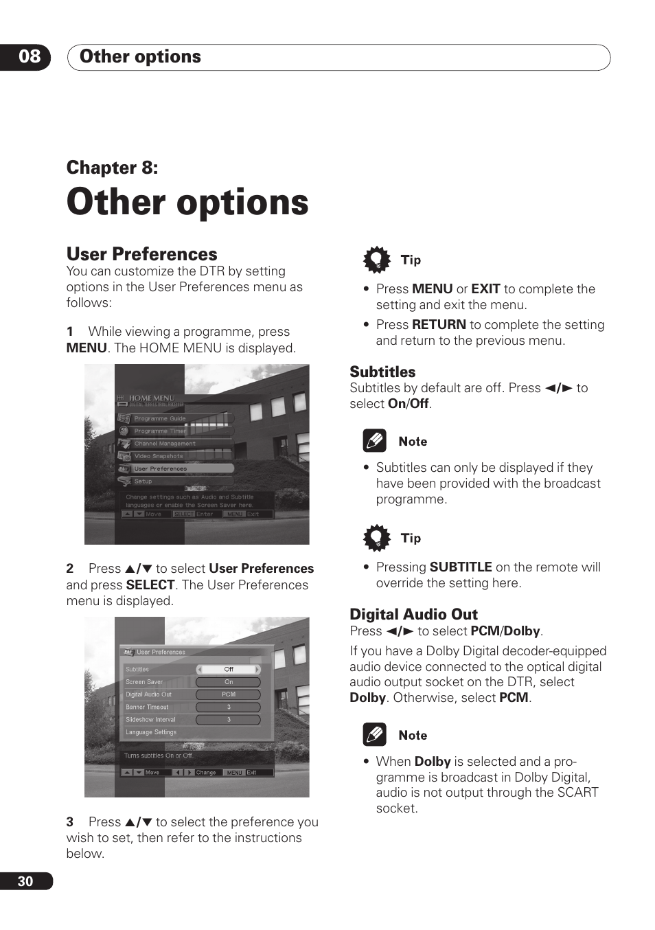 Other options, Other options 08, Chapter 8 | User preferences | Pioneer DBR-TF100 User Manual | Page 30 / 136