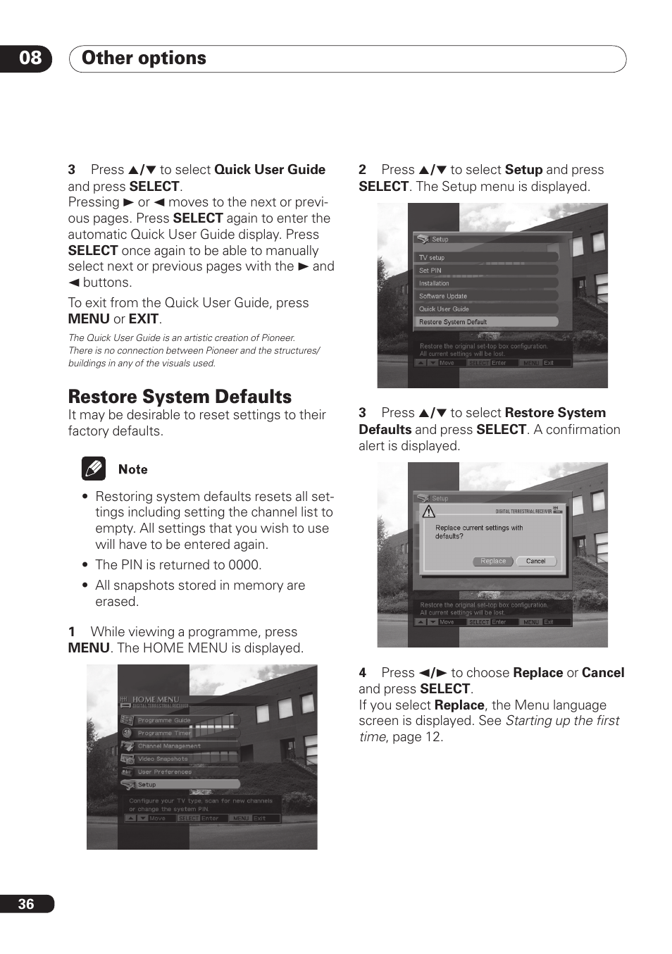 Other options 08, Restore system defaults | Pioneer DBR-TF100 User Manual | Page 36 / 136