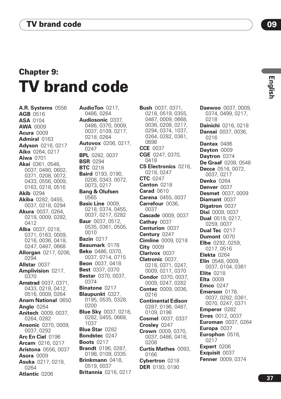 Tv brand code, Tv brand code 09, Chapter 9 | En gli sh | Pioneer DBR-TF100 User Manual | Page 37 / 136