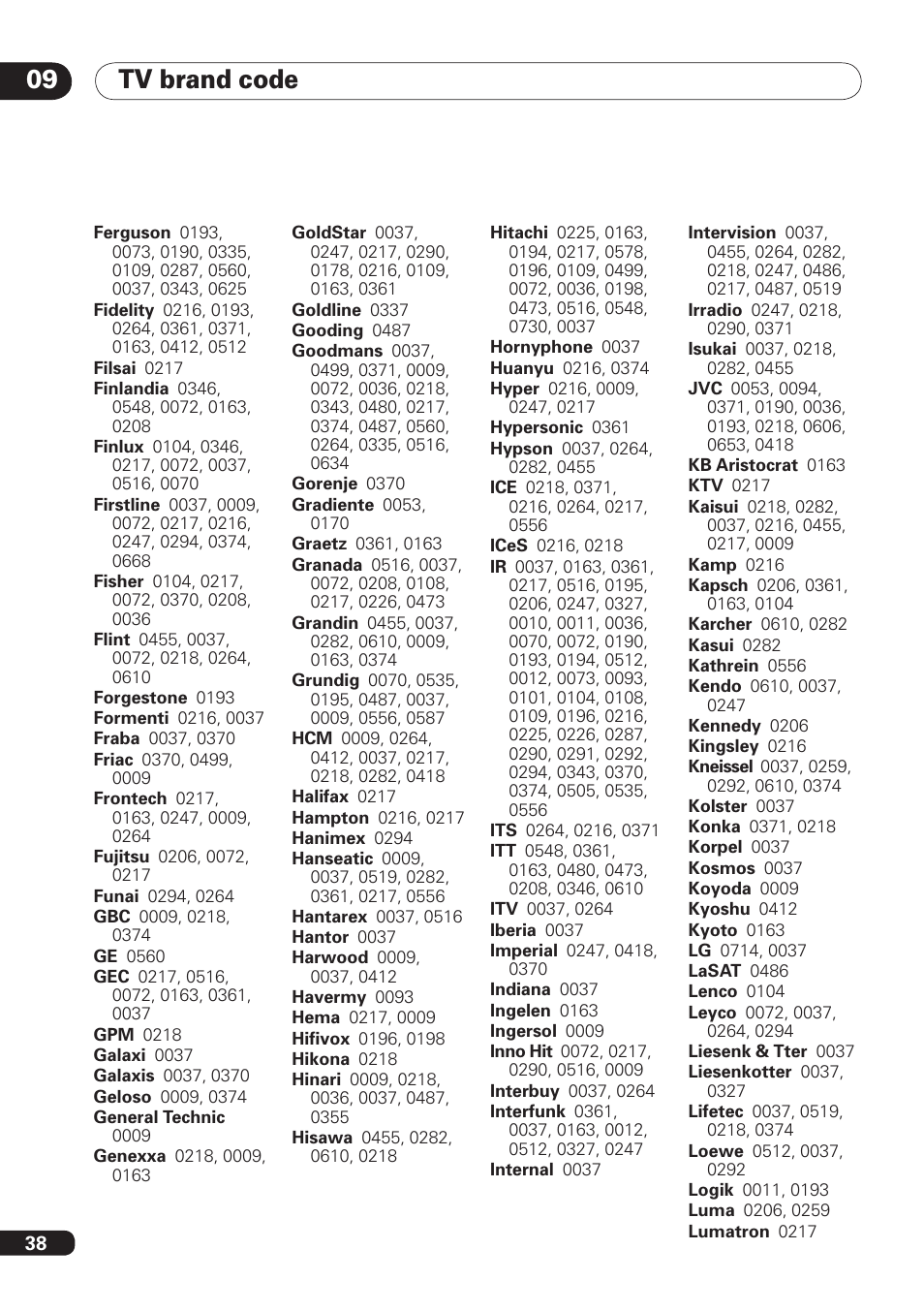 Tv brand code 09 | Pioneer DBR-TF100 User Manual | Page 38 / 136