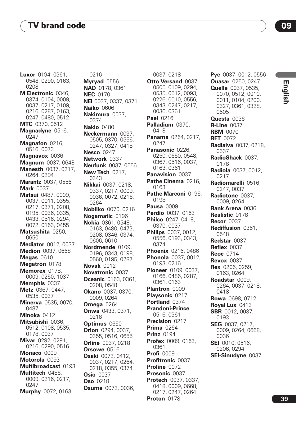 Tv brand code 09, En gli sh | Pioneer DBR-TF100 User Manual | Page 39 / 136