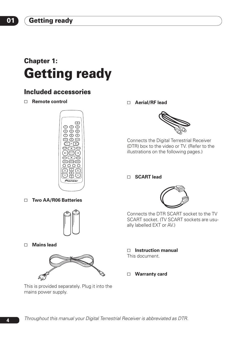 Getting ready, Getting ready 01, Included accessories | Chapter 1, Remote control | Pioneer DBR-TF100 User Manual | Page 4 / 136