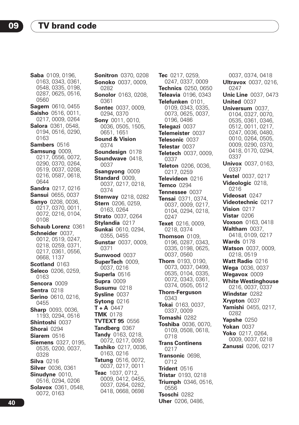 Tv brand code 09 | Pioneer DBR-TF100 User Manual | Page 40 / 136