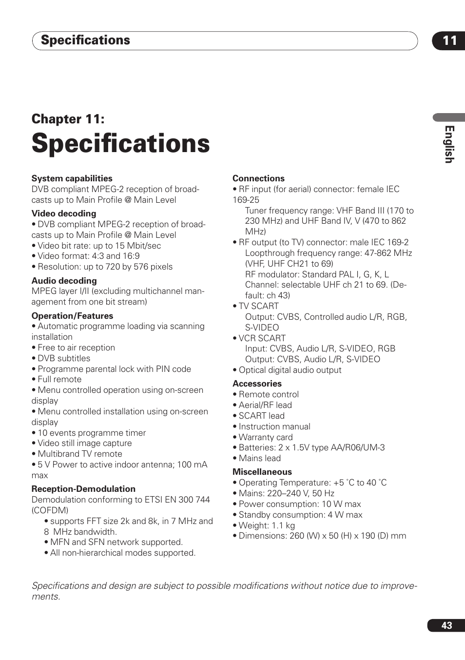Speciﬁcations, Speciﬁcations 11, Chapter 11 | Pioneer DBR-TF100 User Manual | Page 43 / 136