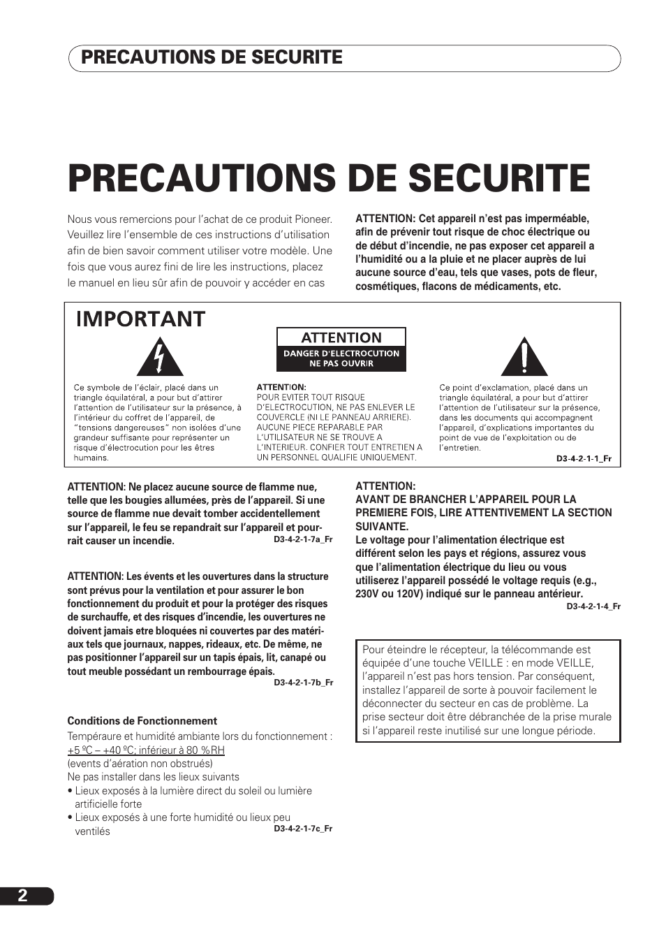 Precautions de securite | Pioneer DBR-TF100 User Manual | Page 46 / 136