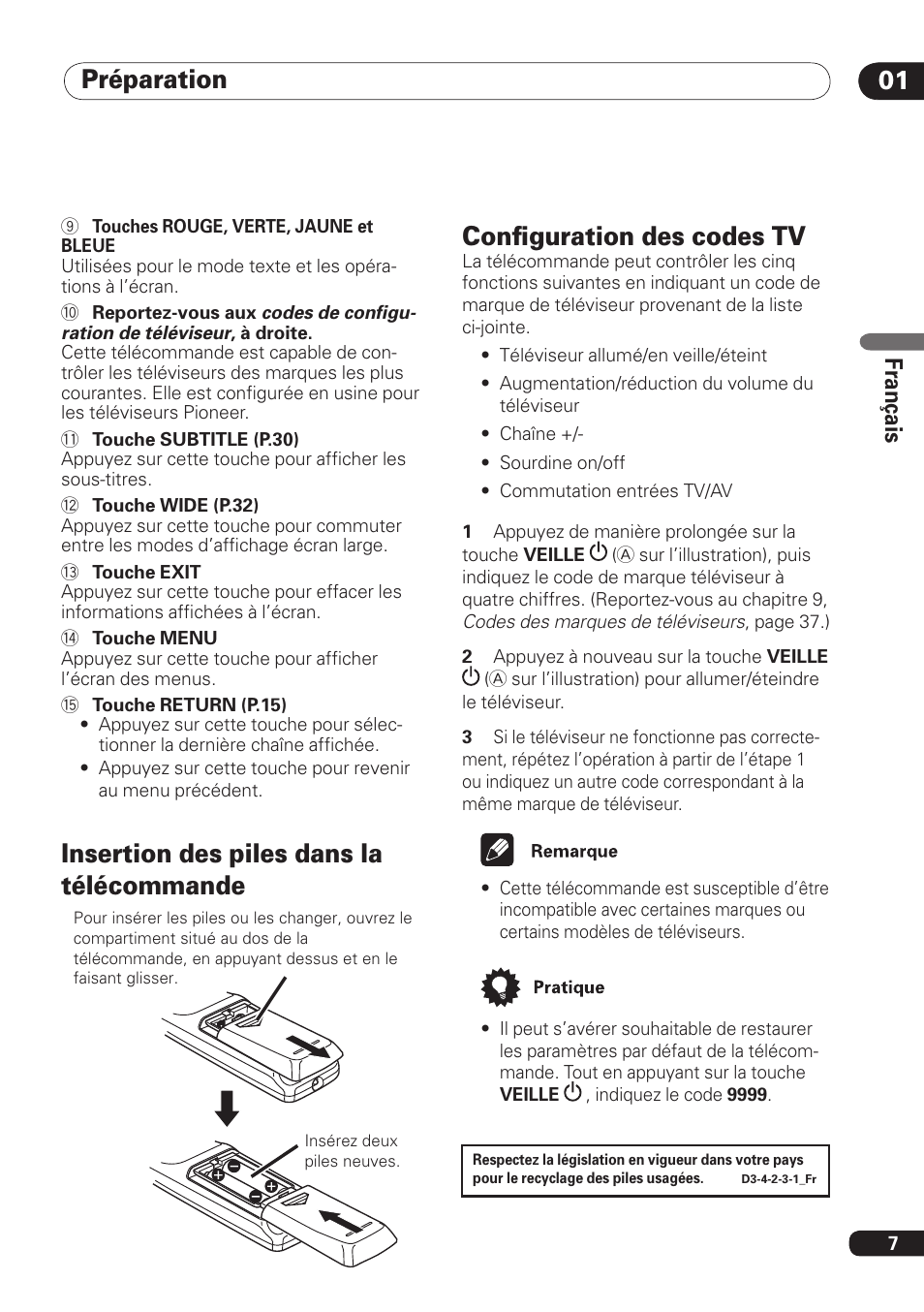 Préparation 01, Insertion des piles dans la télécommande, Conﬁguration des codes tv | Fra nç ais | Pioneer DBR-TF100 User Manual | Page 51 / 136