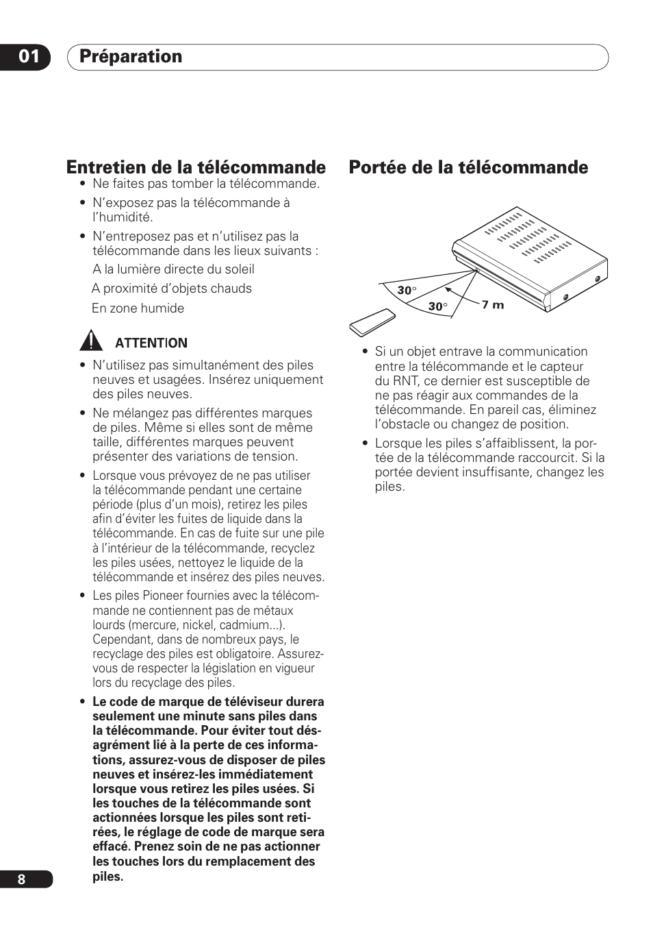 Préparation 01, Entretien de la télécommande, Portée de la télécommande | Pioneer DBR-TF100 User Manual | Page 52 / 136