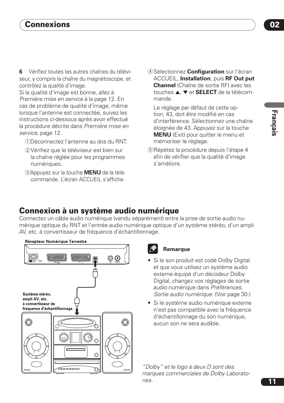 Connexions 02, Connexion à un système audio numérique, 11 fra nç ais | Pioneer DBR-TF100 User Manual | Page 55 / 136