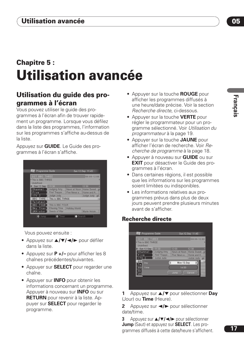 Utilisation avancée, Utilisation avancée 05, Chapitre 5 | Utilisation du guide des pro- grammes à l’écran, 17 fra nç ais | Pioneer DBR-TF100 User Manual | Page 61 / 136