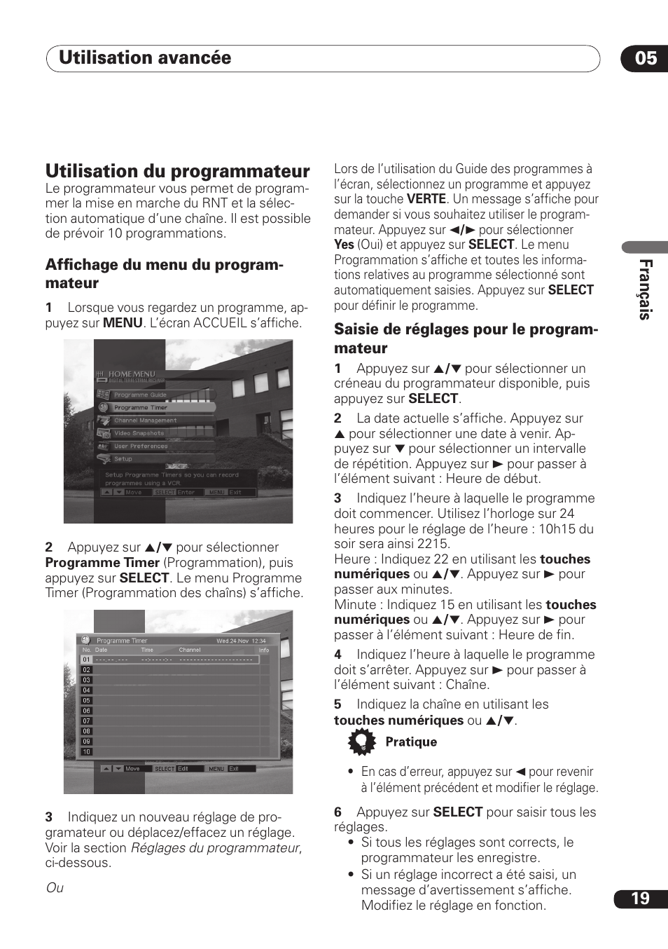Utilisation avancée 05, Utilisation du programmateur, 19 fra nç ais | Pioneer DBR-TF100 User Manual | Page 63 / 136