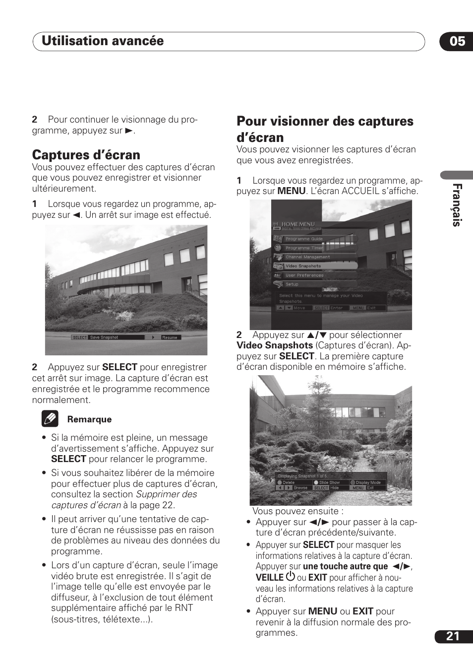 Utilisation avancée 05, Captures d’écran, Pour visionner des captures d’écran | 21 fra nç ais | Pioneer DBR-TF100 User Manual | Page 65 / 136