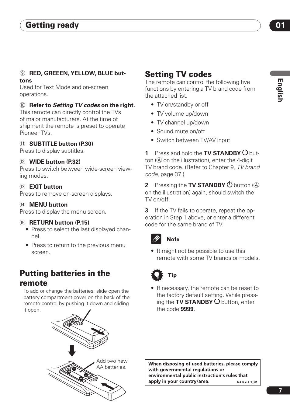 Getting ready 01, Putting batteries in the remote, Setting tv codes | En gli sh | Pioneer DBR-TF100 User Manual | Page 7 / 136