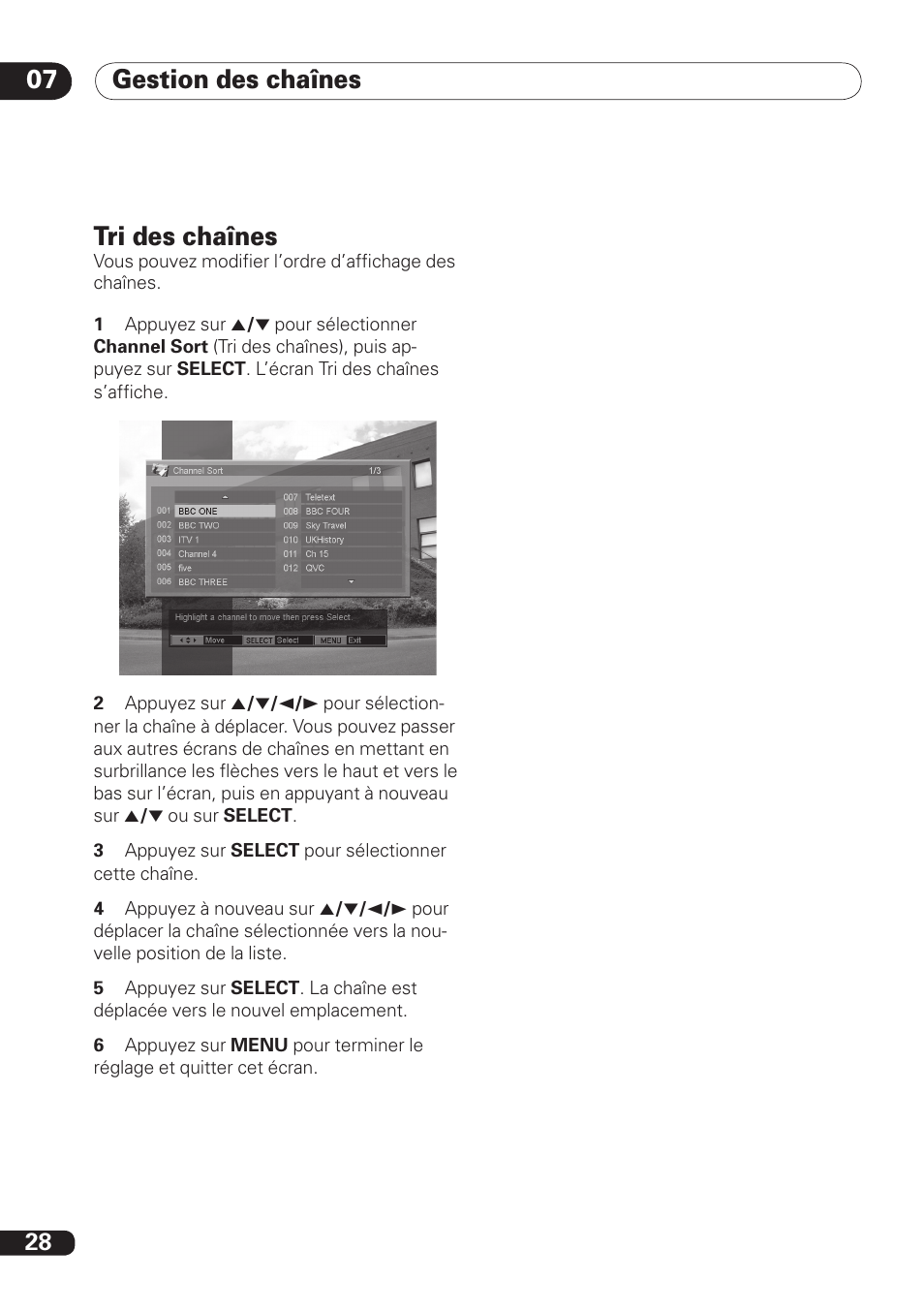 Gestion des chaînes 07, Tri des chaînes | Pioneer DBR-TF100 User Manual | Page 72 / 136