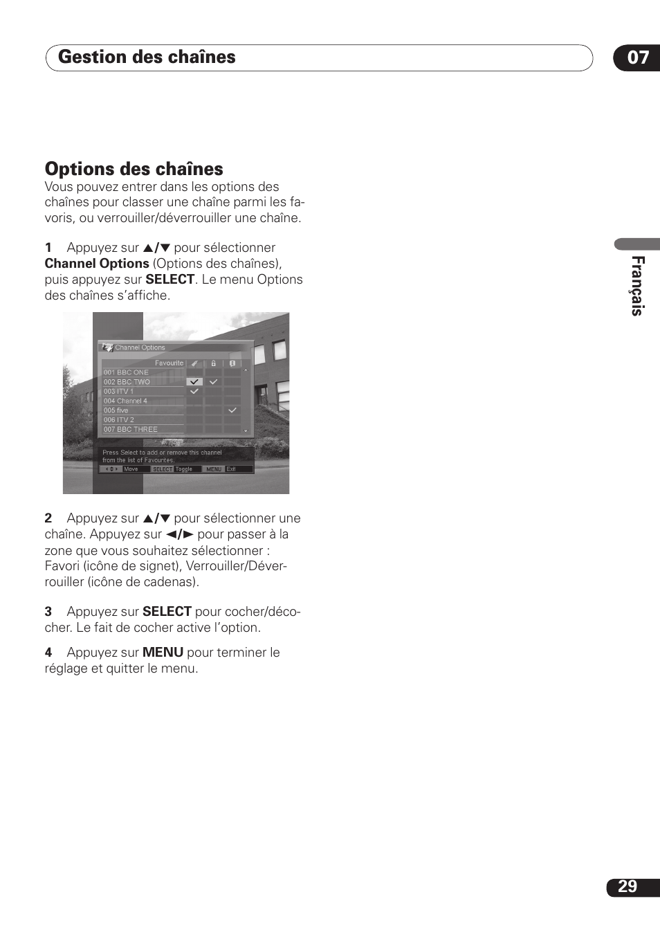 Gestion des chaînes 07, Options des chaînes | Pioneer DBR-TF100 User Manual | Page 73 / 136