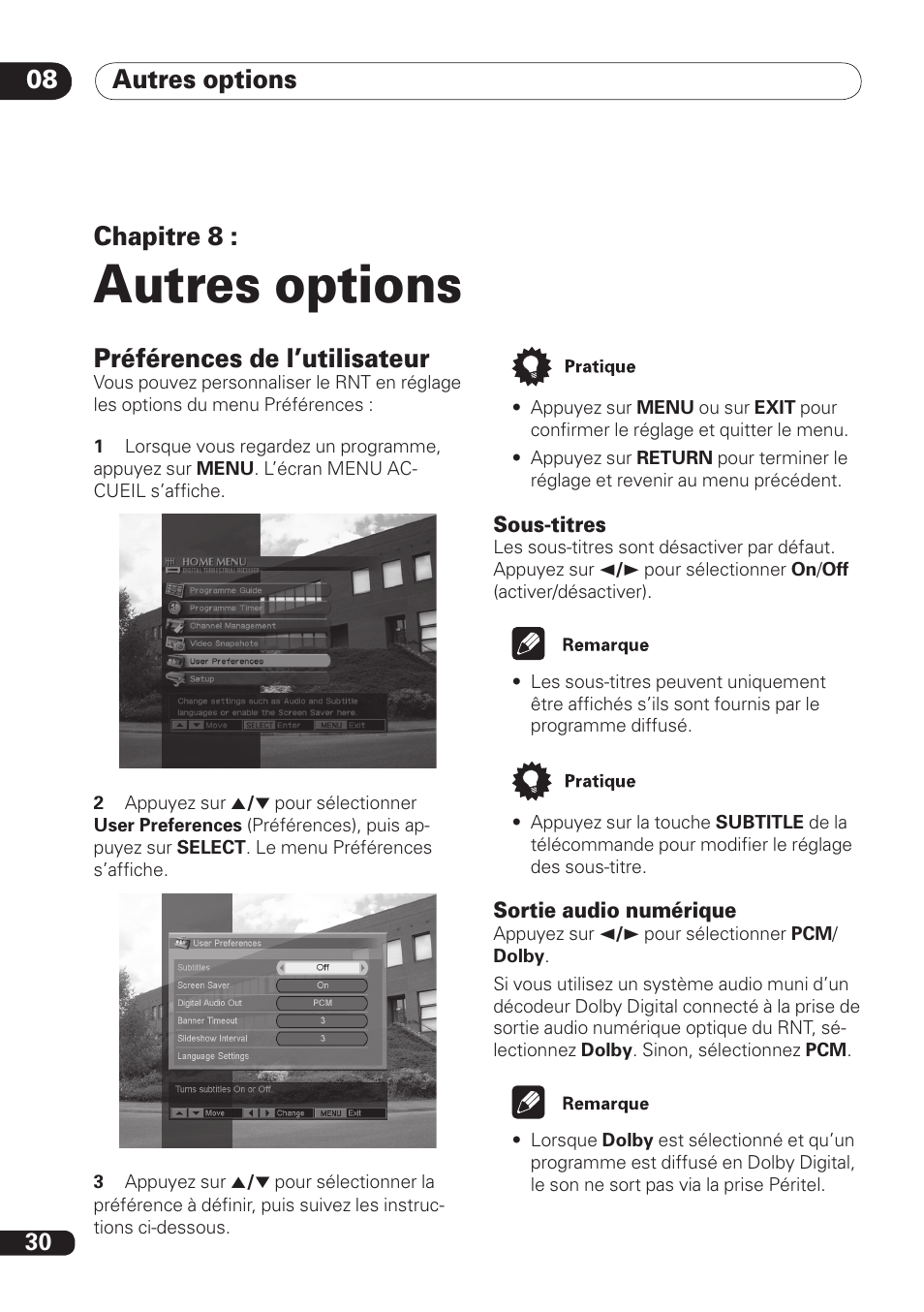 Autres options, Autres options 08, Chapitre 8 | Préférences de l’utilisateur | Pioneer DBR-TF100 User Manual | Page 74 / 136