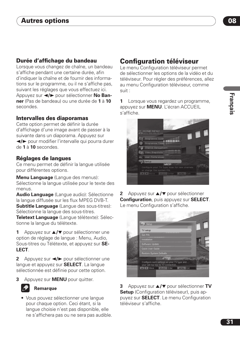 Autres options 08, Conﬁguration téléviseur, 31 fra nç ais | Pioneer DBR-TF100 User Manual | Page 75 / 136