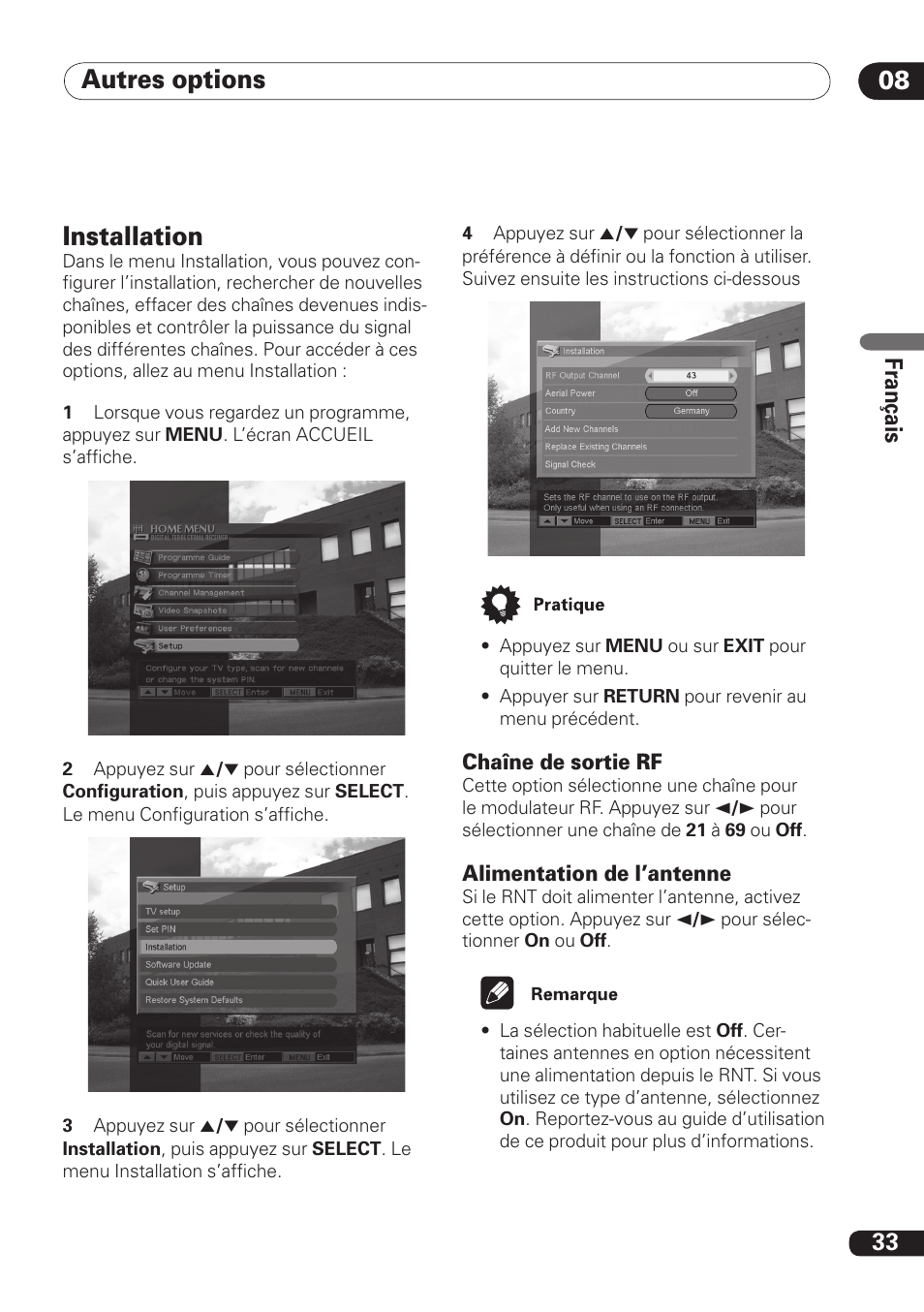 Autres options 08, Installation, 33 fra nç ais | Pioneer DBR-TF100 User Manual | Page 77 / 136