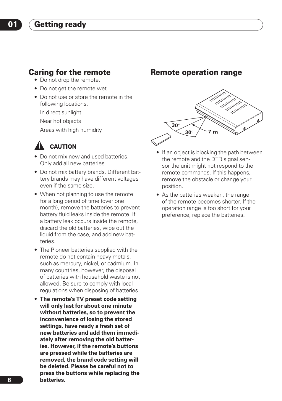 Getting ready 01, Caring for the remote, Remote operation range | Pioneer DBR-TF100 User Manual | Page 8 / 136