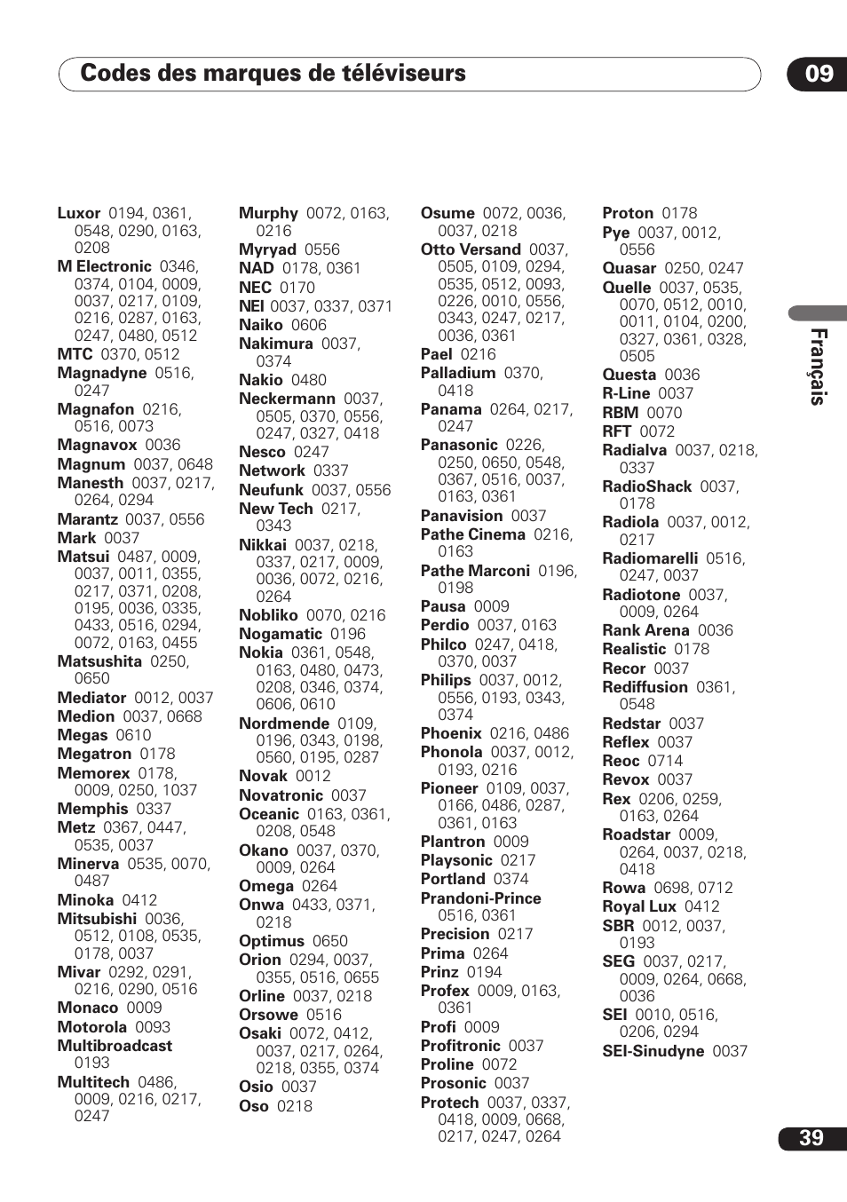 Codes des marques de téléviseurs 09, 39 fra nç ais | Pioneer DBR-TF100 User Manual | Page 83 / 136