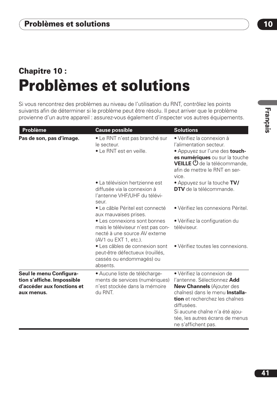 Problèmes et solutions, Problèmes et solutions 10, Chapitre 10 | Fra nç ais | Pioneer DBR-TF100 User Manual | Page 85 / 136