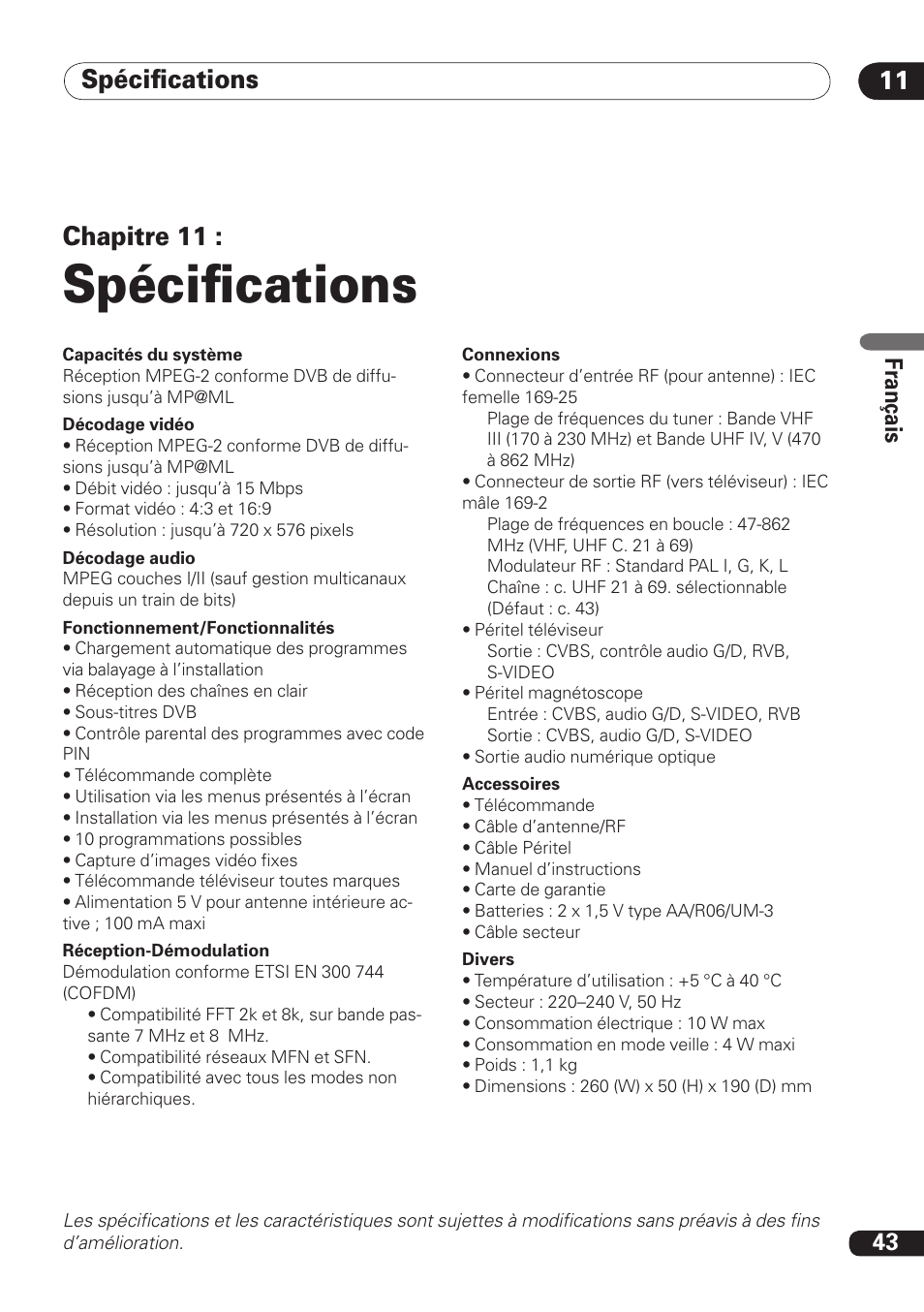 Spéciﬁcations, Spéciﬁcations 11, Chapitre 11 | Pioneer DBR-TF100 User Manual | Page 87 / 136